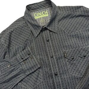 Cinch Mens L Western Shirt Black Geometric AOP Pearl Snap Modern Fit Cotton
